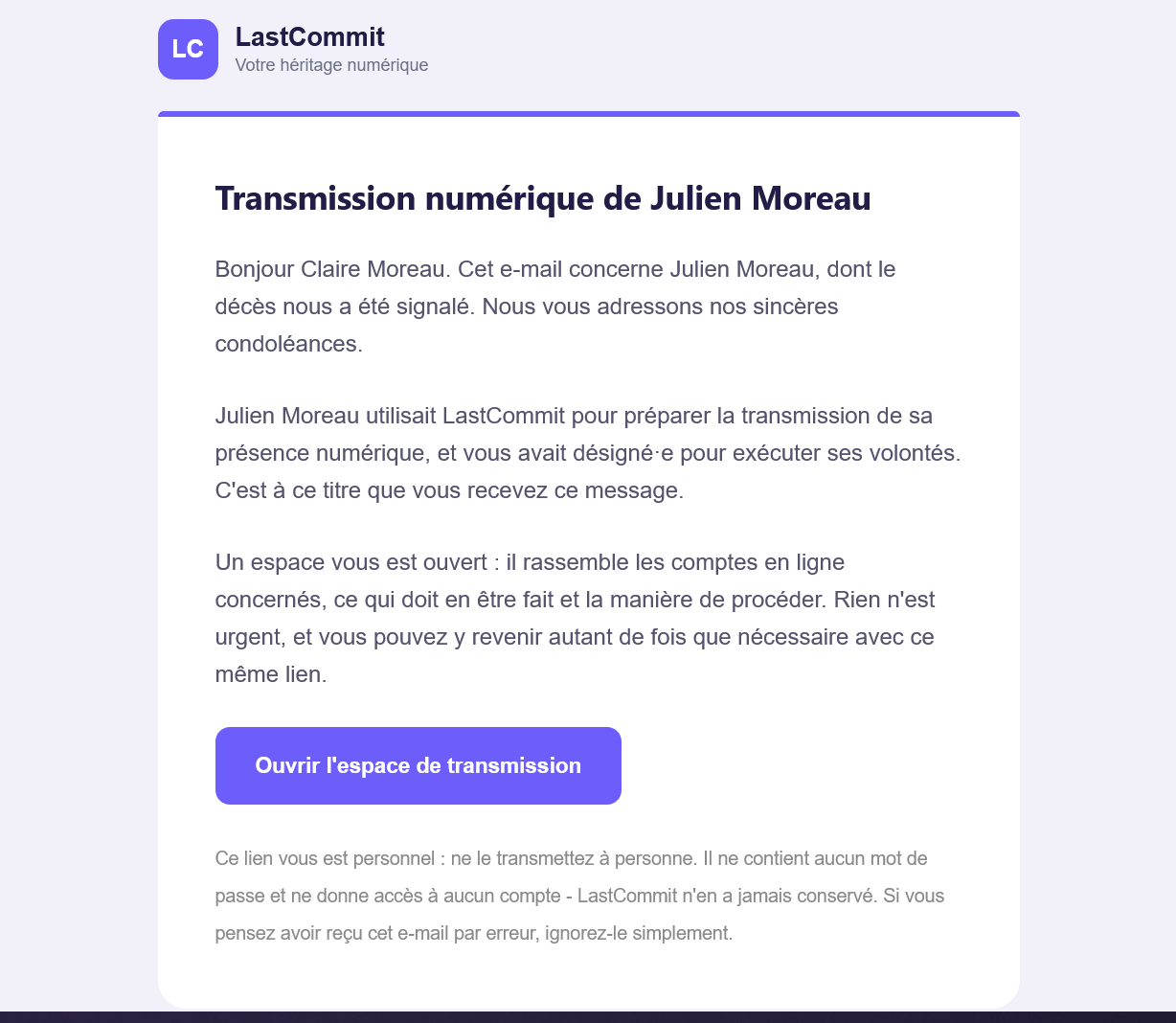 E-mail adressé à la personne de confiance, l'invitant à ouvrir l'espace de transmission.