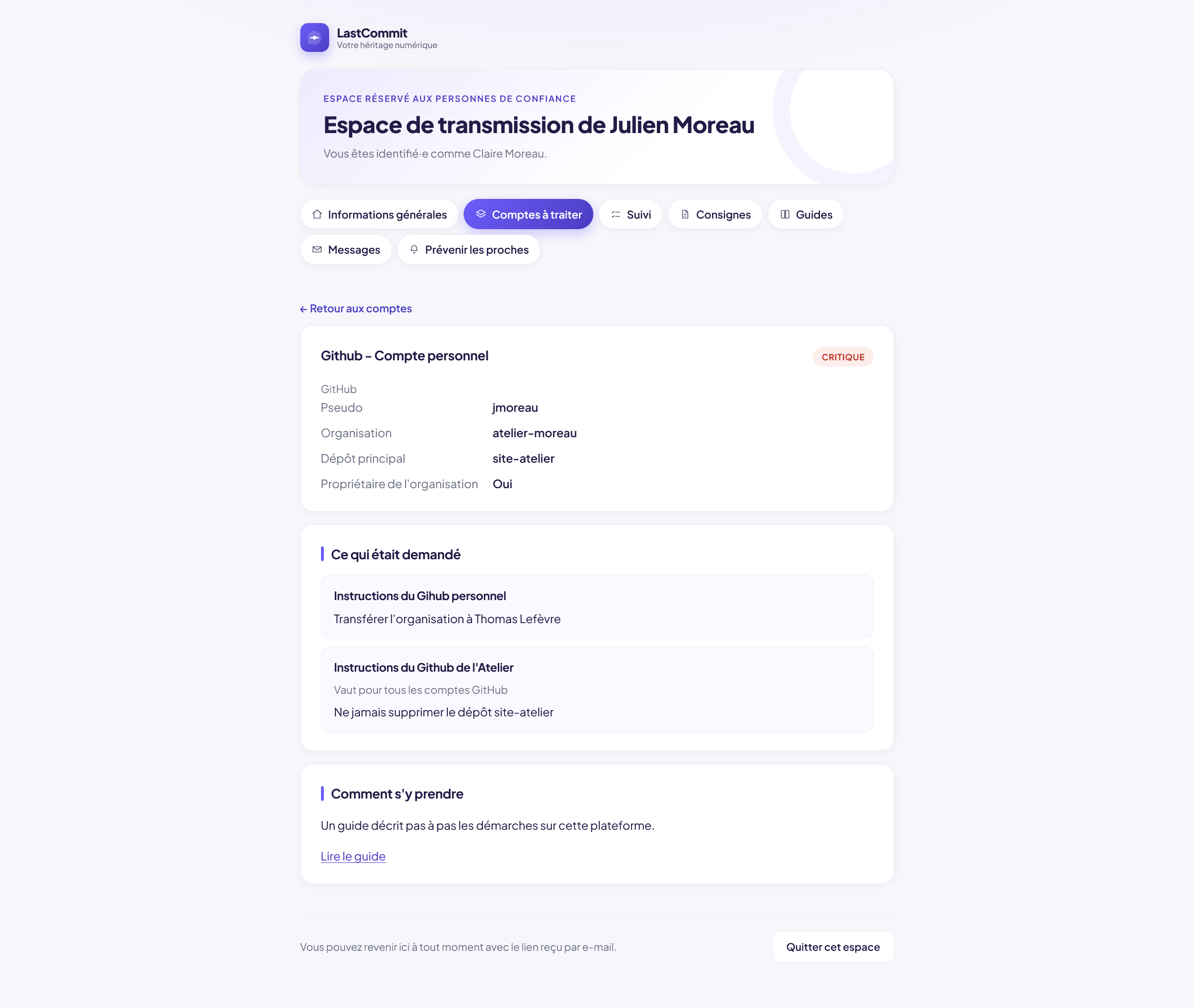 Fiche d'un compte à traiter : informations du compte, consignes laissées par le défunt et lien vers le guide.