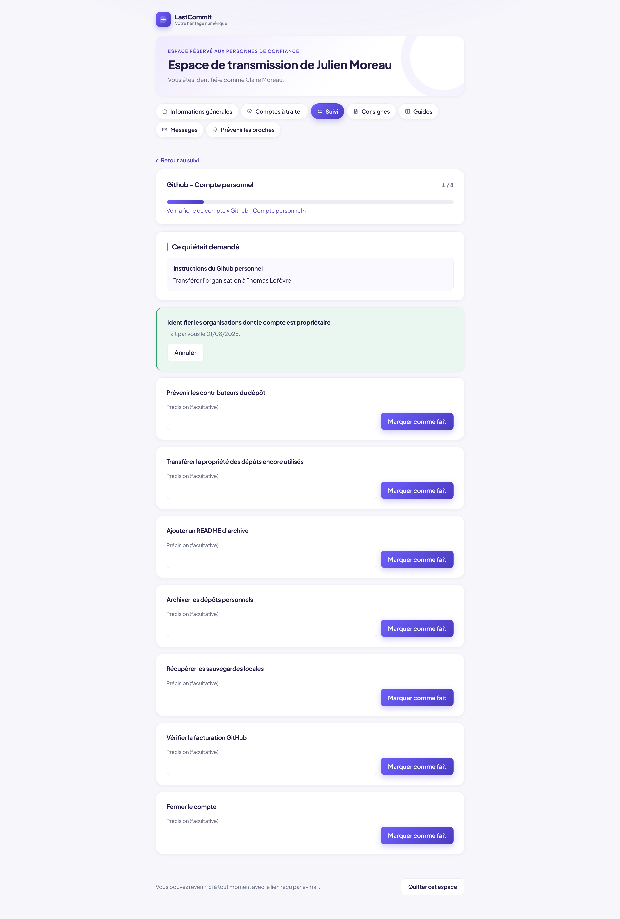 Suivi d'exécution : progression 1/8, action déjà réalisée et actions restant à marquer comme faites.