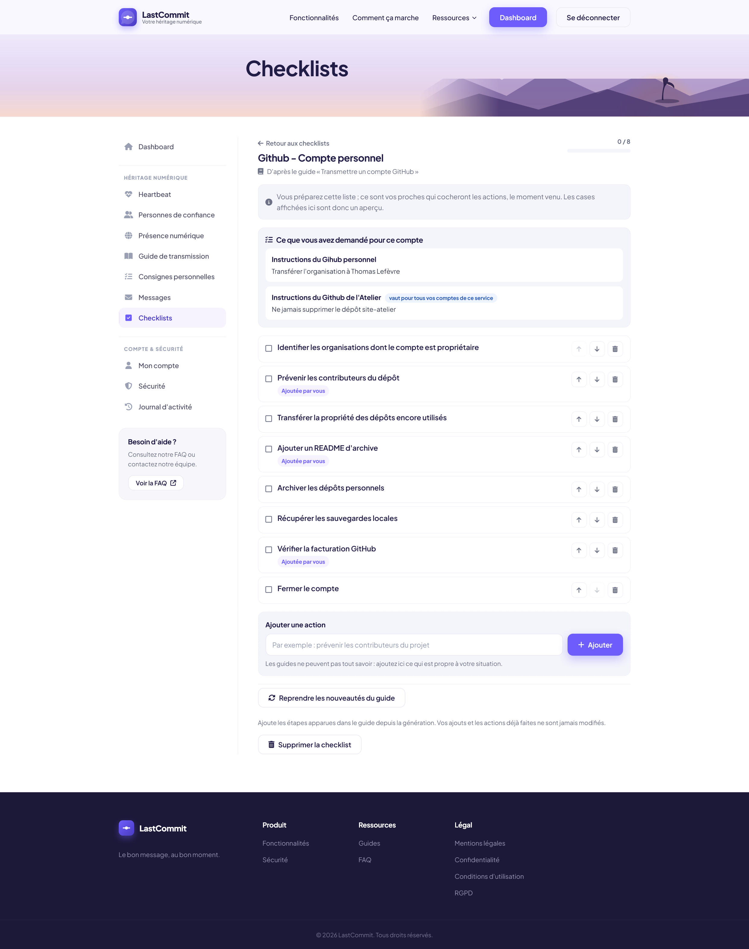 Checklist du compte GitHub personnel : actions issues du guide et actions ajoutées par l'utilisateur.
