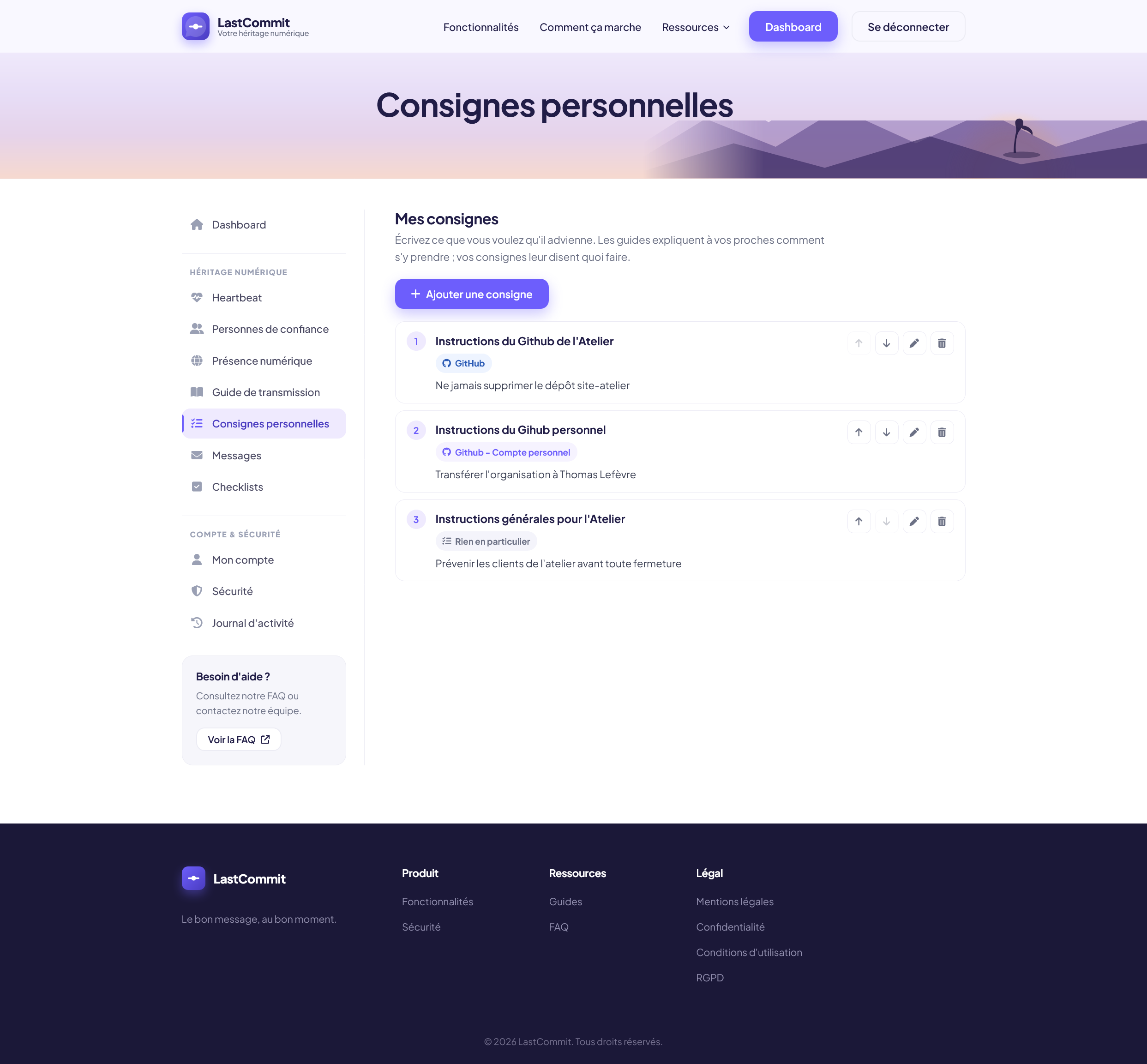 Mes consignes : instructions personnelles rattachées à un compte GitHub ou valables pour tout un service.