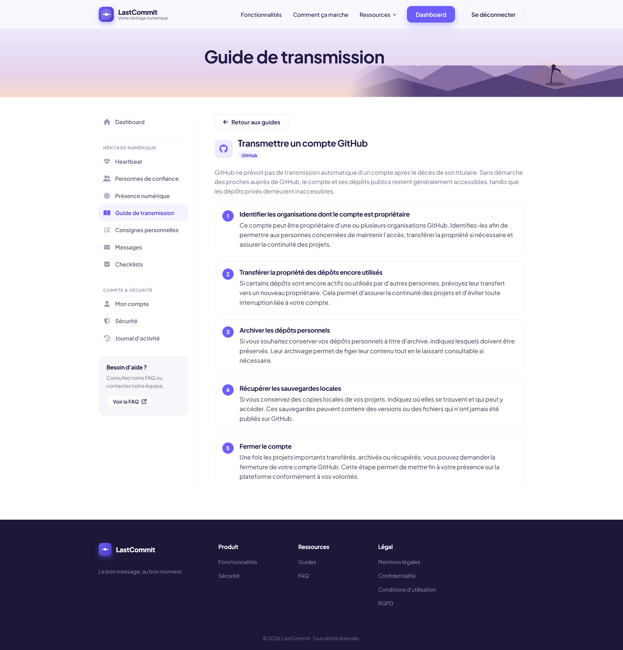 Guide « Transmettre un compte GitHub » détaillé en cinq étapes numérotées.
