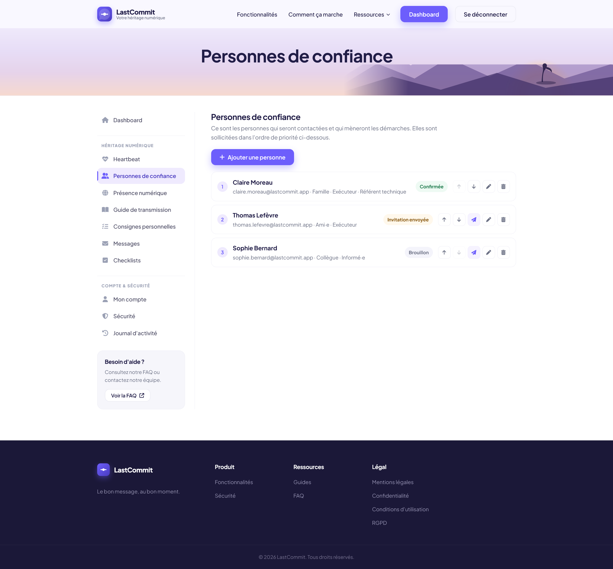 Liste des personnes de confiance avec leur rôle, leur ordre de priorité et l'état de leur invitation.